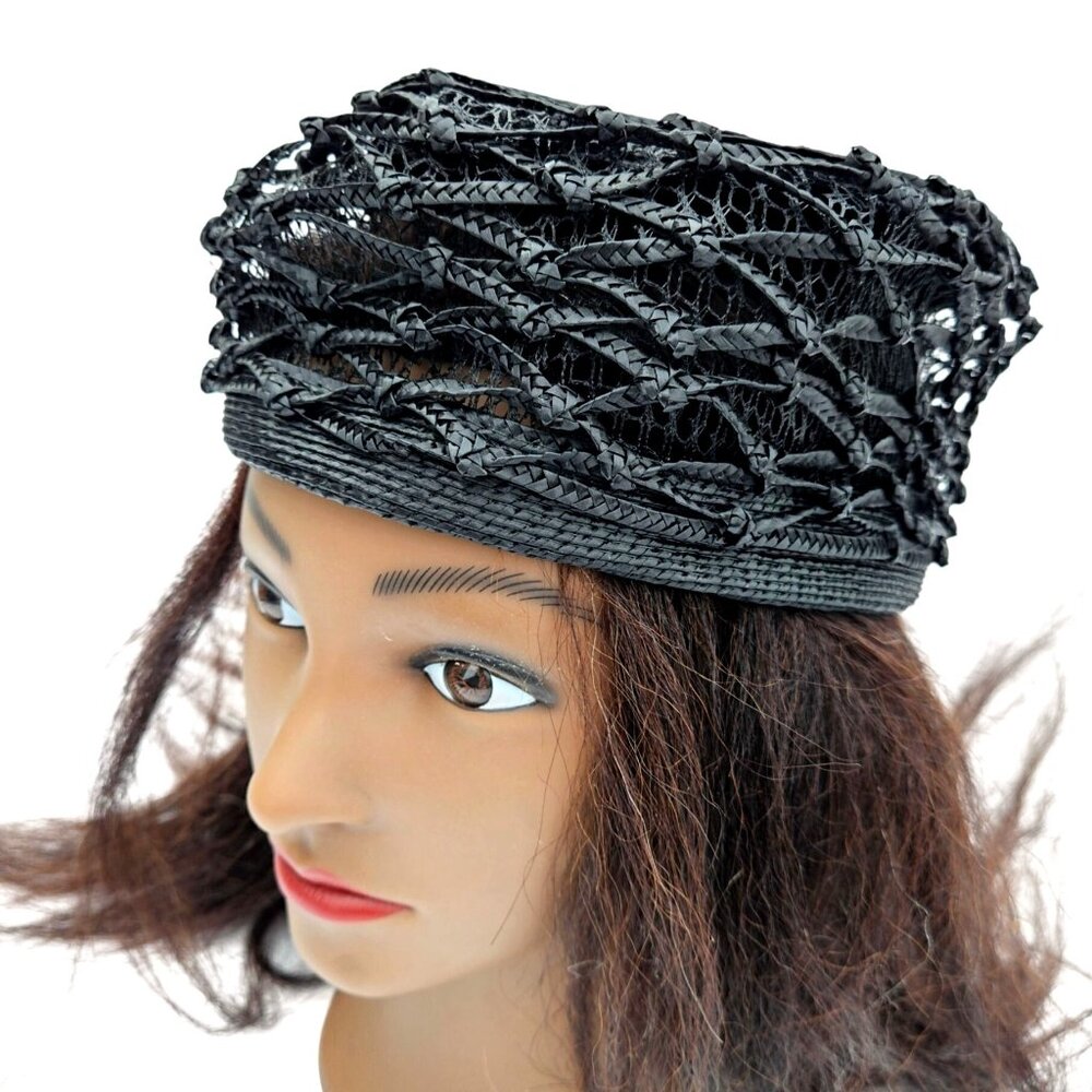 Vintage Black Woven Straw Pillbox Cage Hat Buffums Pinehurst 22" 1960s - Picture 2 of 12